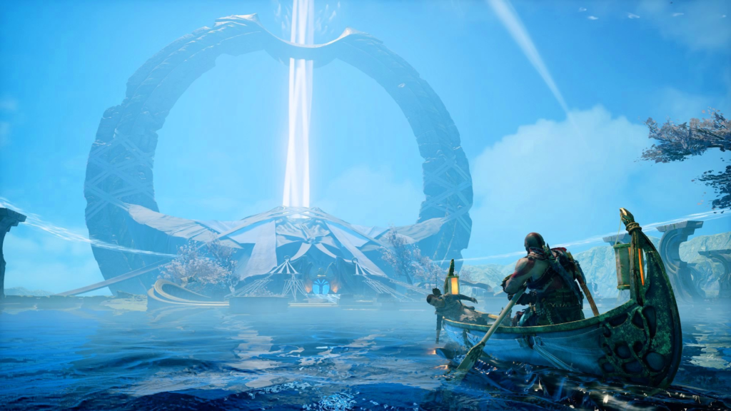 Kratos rows boat toward glowing ring structure on water