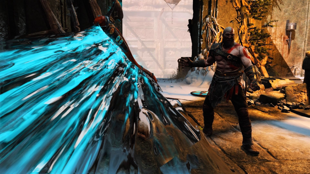 Kratos from God of War fighting in snowy ruins