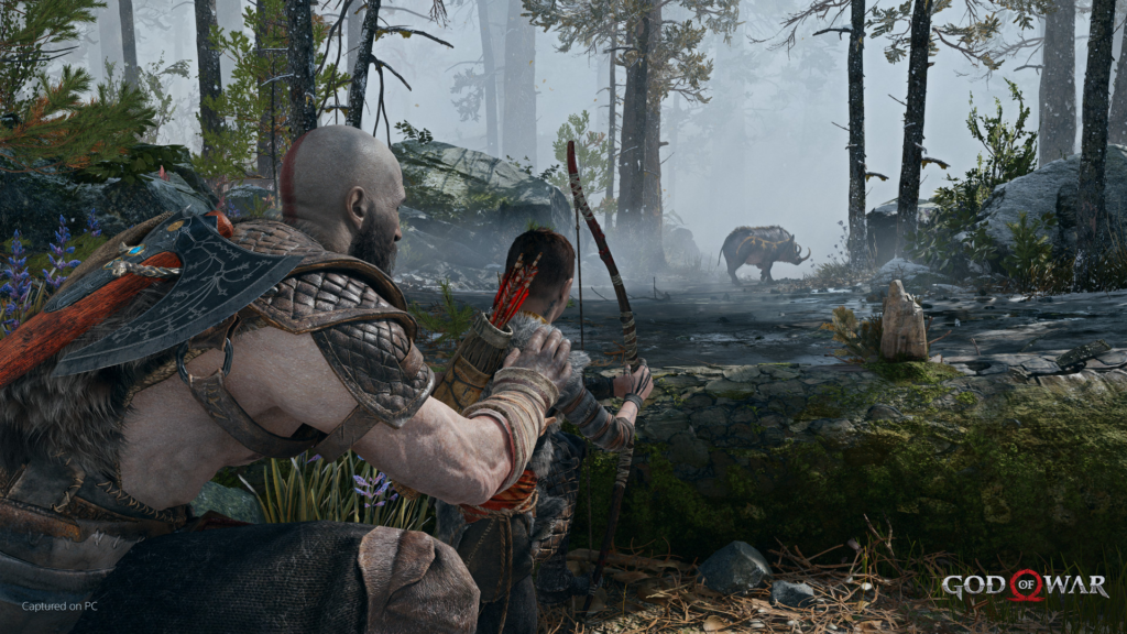 Kratos and Atreus aiming bow in forest swamp