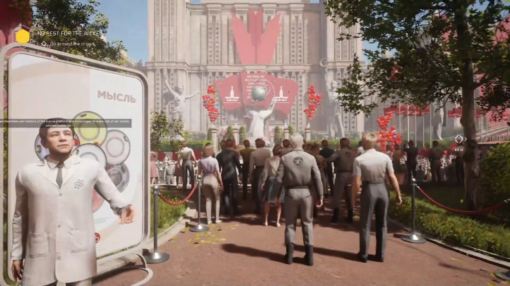 Crowd walks toward monument in city plaza