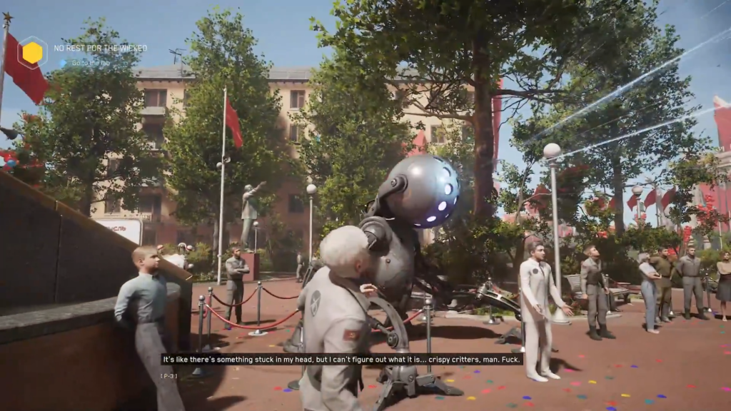 Robot stands in park crowd