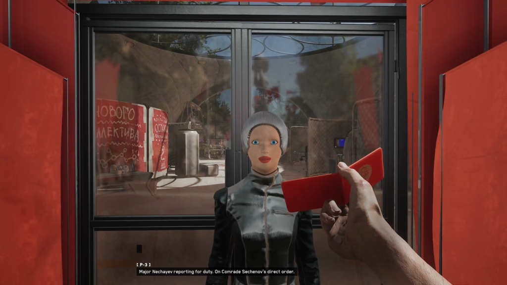 Holding red card to robot at doorway