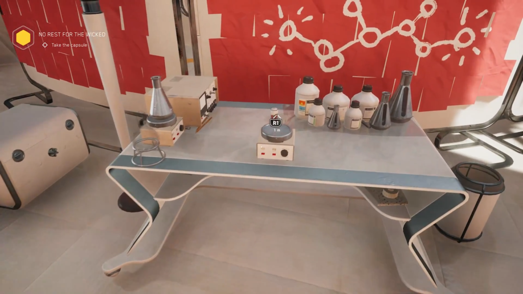 Laboratory table with bottles and flasks