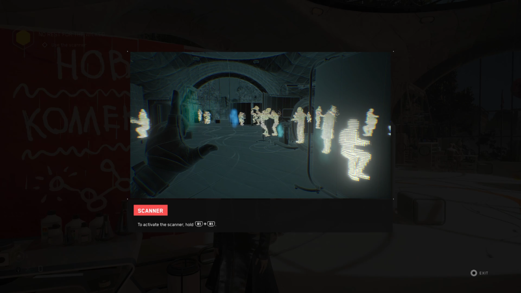 Player uses scanner showing holograms indoors