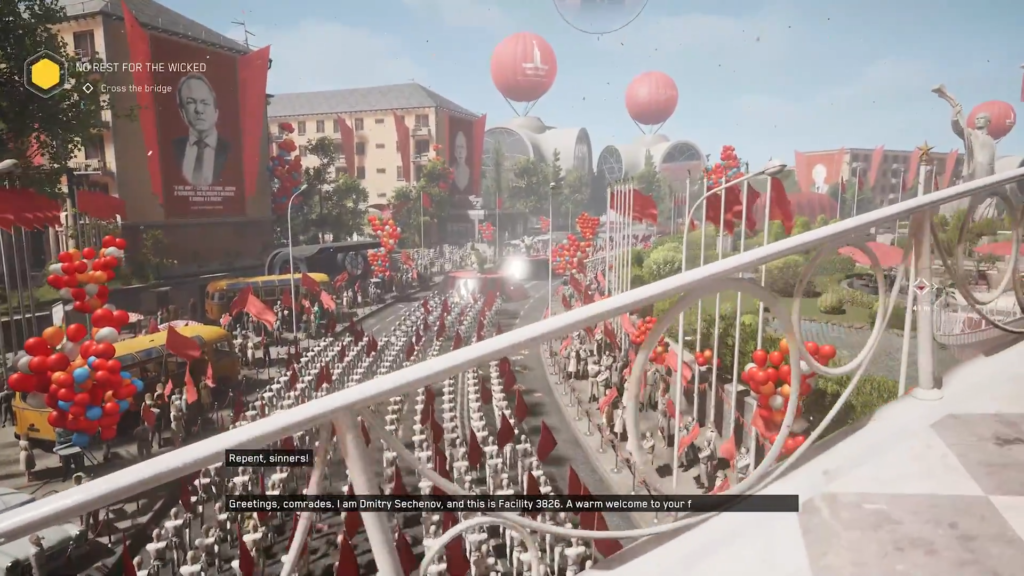 Parade marches with red flags in city