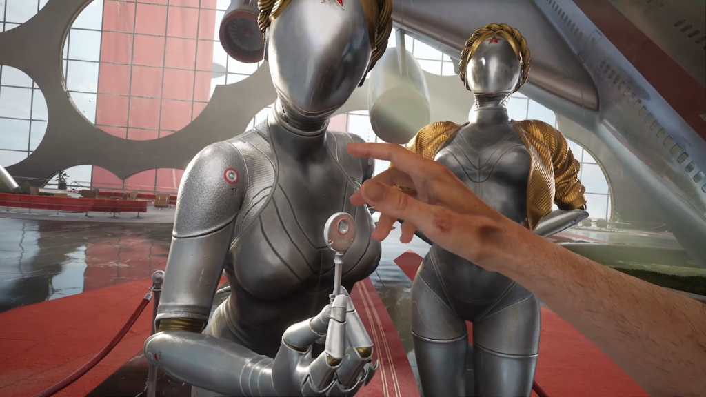 Hand touching silver robot in futuristic hall
