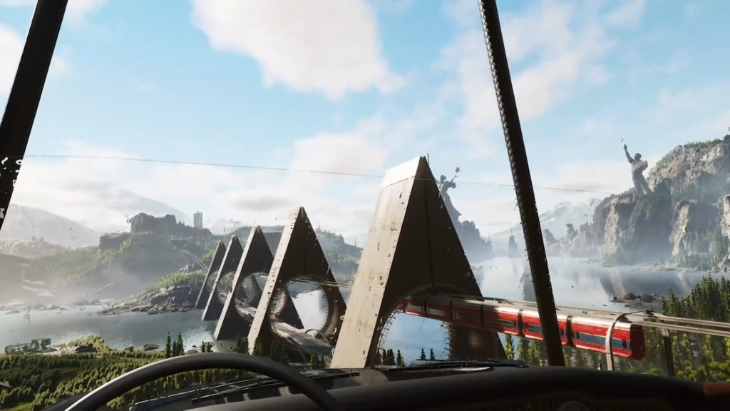 Train passing futuristic arches over lake