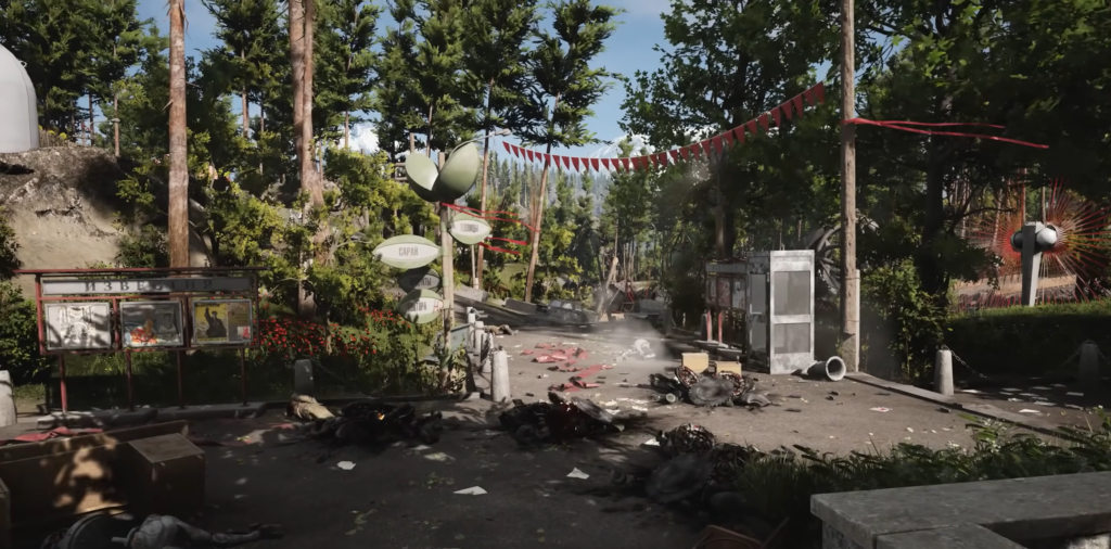 Debris scattered on forest road with red bunting