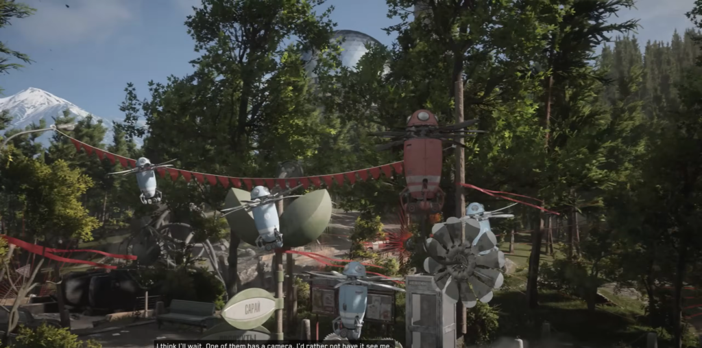 Drones hover above forested park with red banners