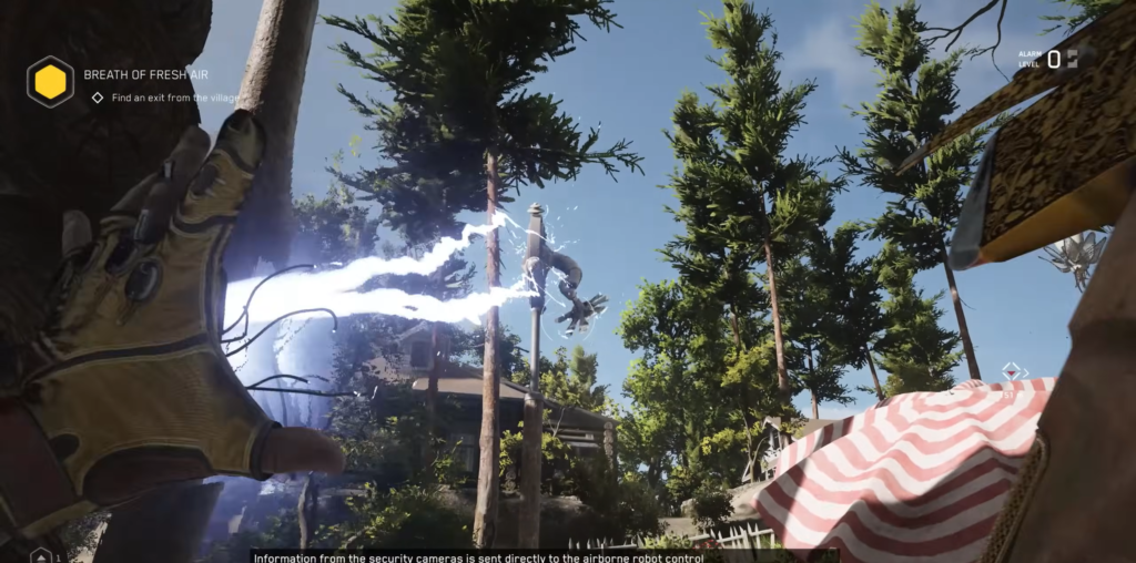 Player shoots electricity at robot in forest village