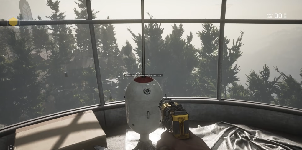 Player aims yellow pistol at access terminal indoors