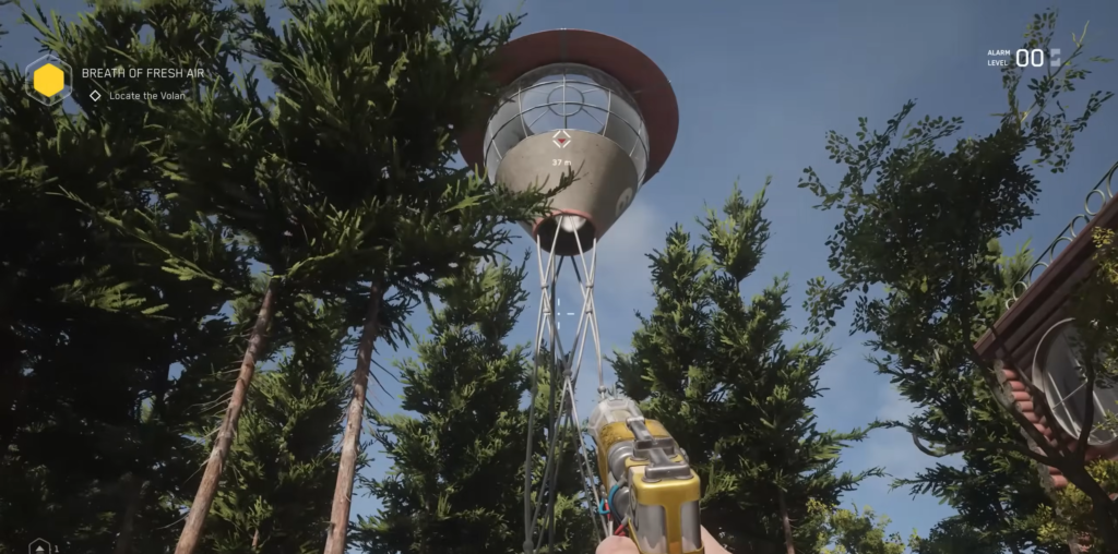 Player aiming pistol at tower above forest