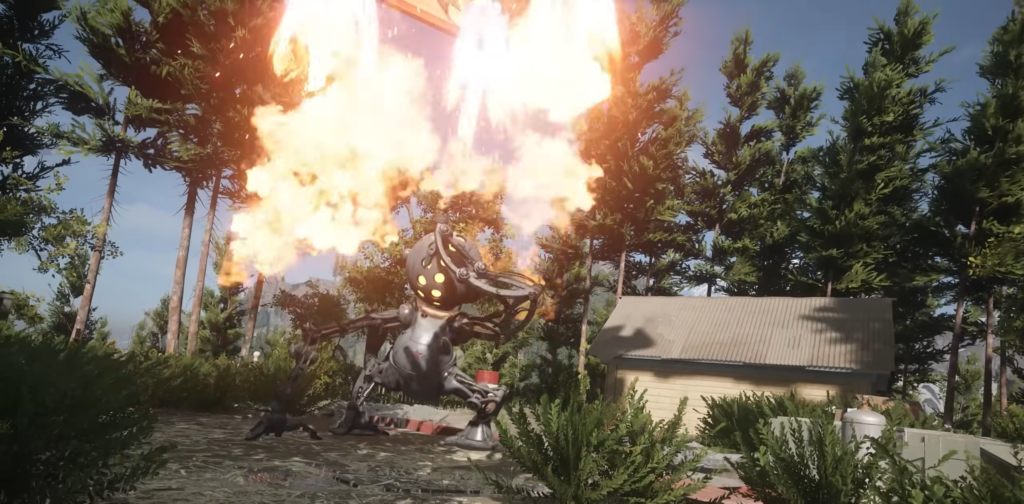 Robot firing flames near house in forest