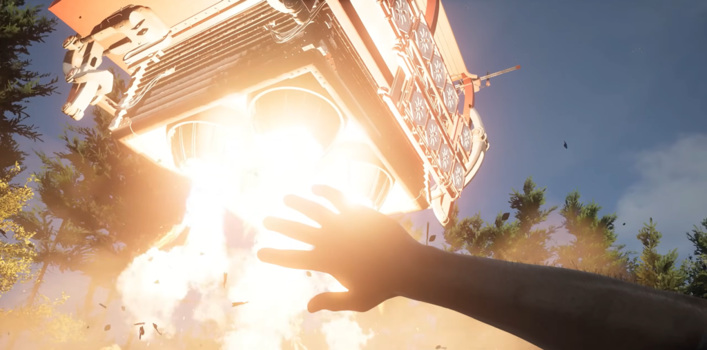 Hand reaching toward exploding spacecraft in forest clearing