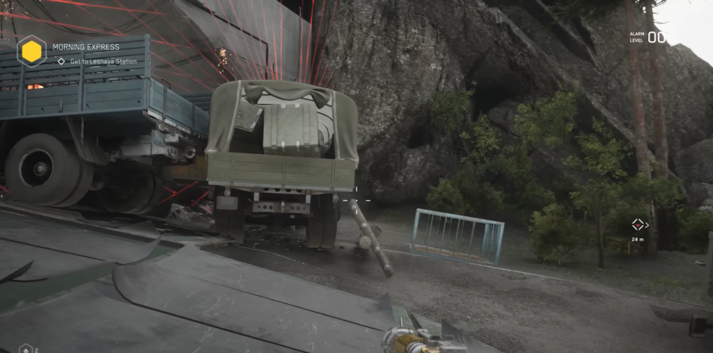 Truck crashed beside rocky cliff in Atomic Heart