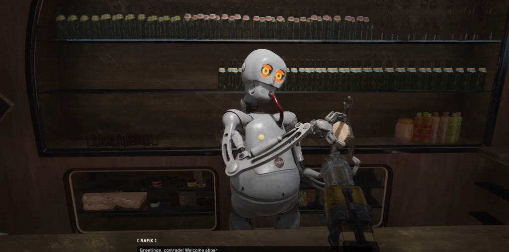 Robot bartender holding bottle behind bar shelves