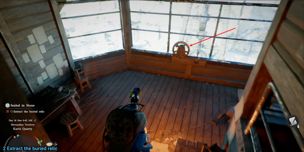 Player character stands inside wooden cabin by window