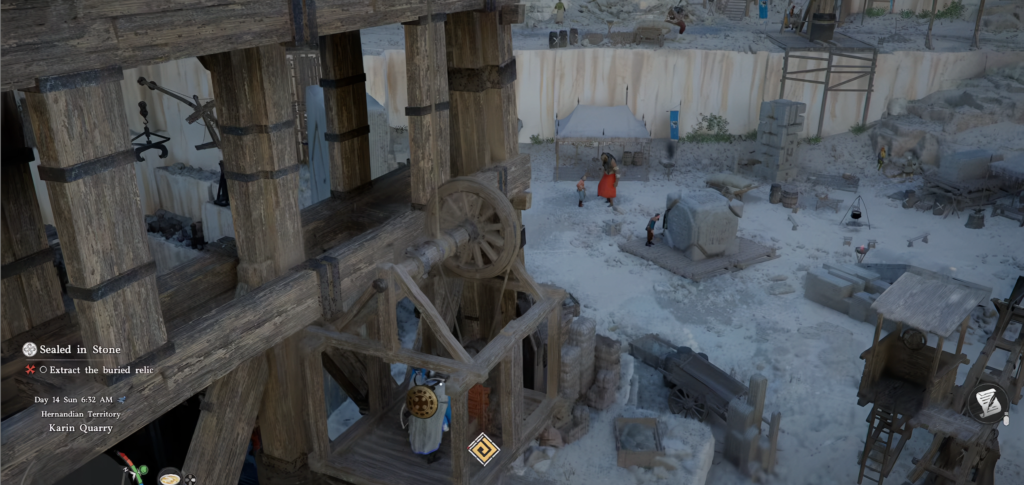 Player character stands by wooden winch in quarry