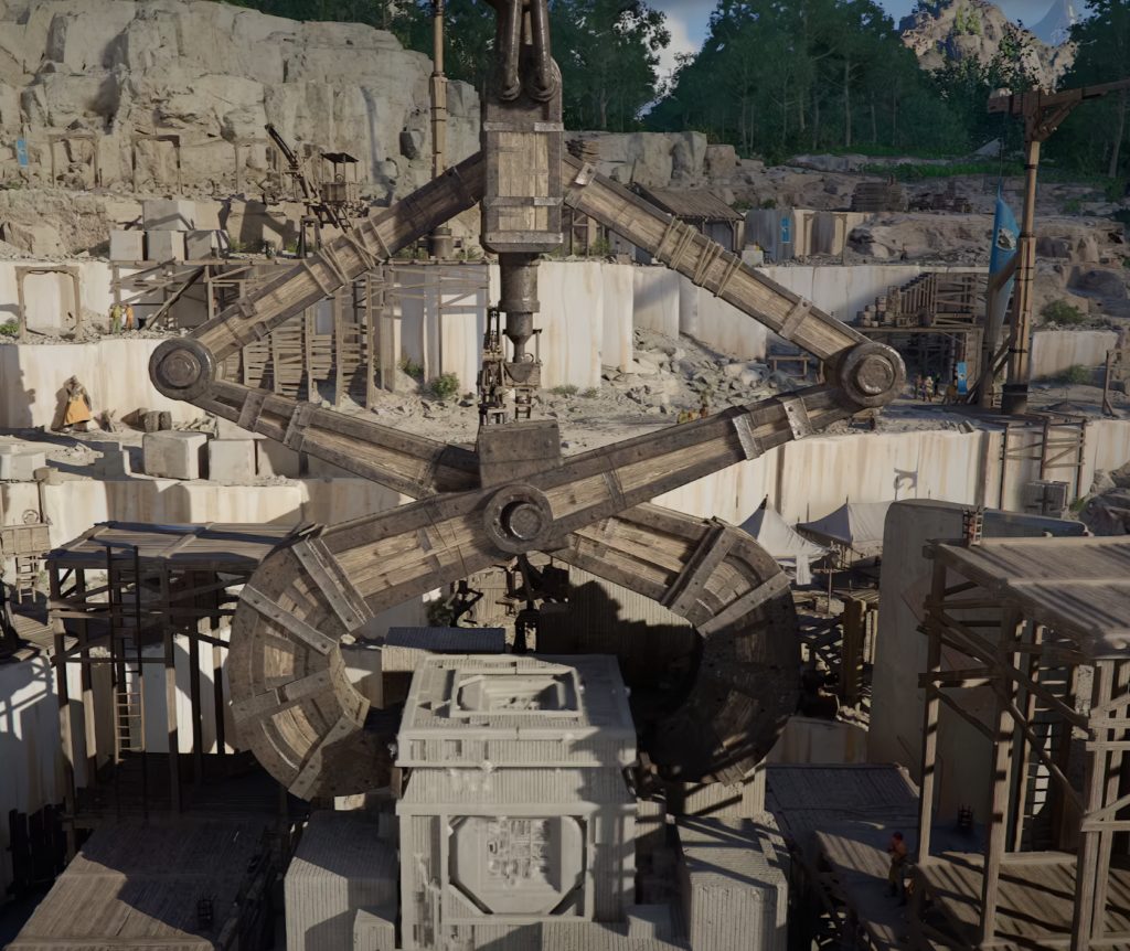 Giant mechanical claw lifting crate in quarry site