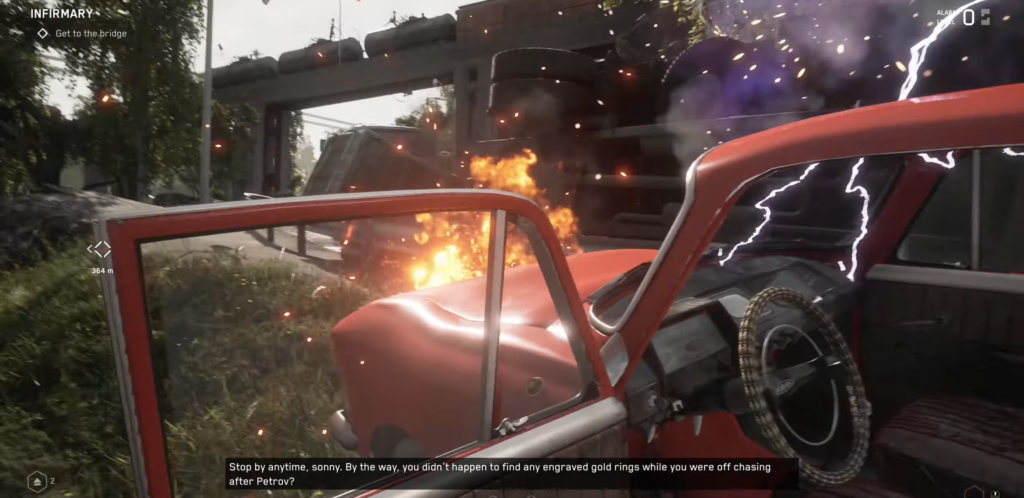 Red car door open near roadside explosion