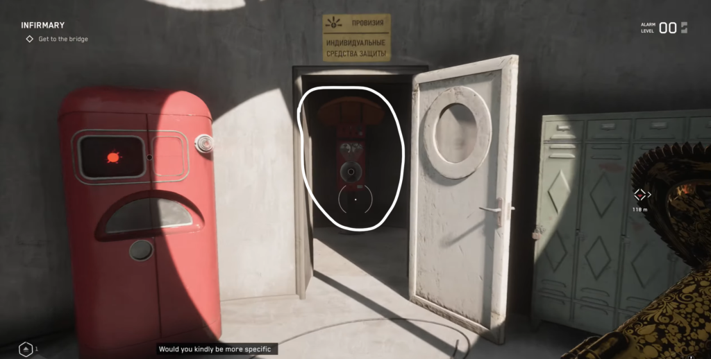 Atomic Heart player aiming at doorway in infirmary
