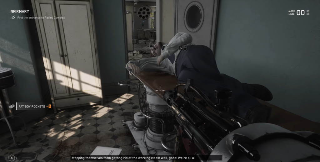 Atomic Heart player aiming gun at man on table