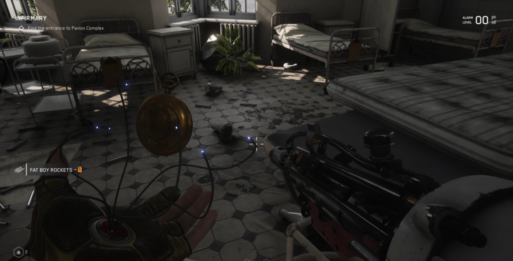 Atomic Heart player holding weapon in infirmary room