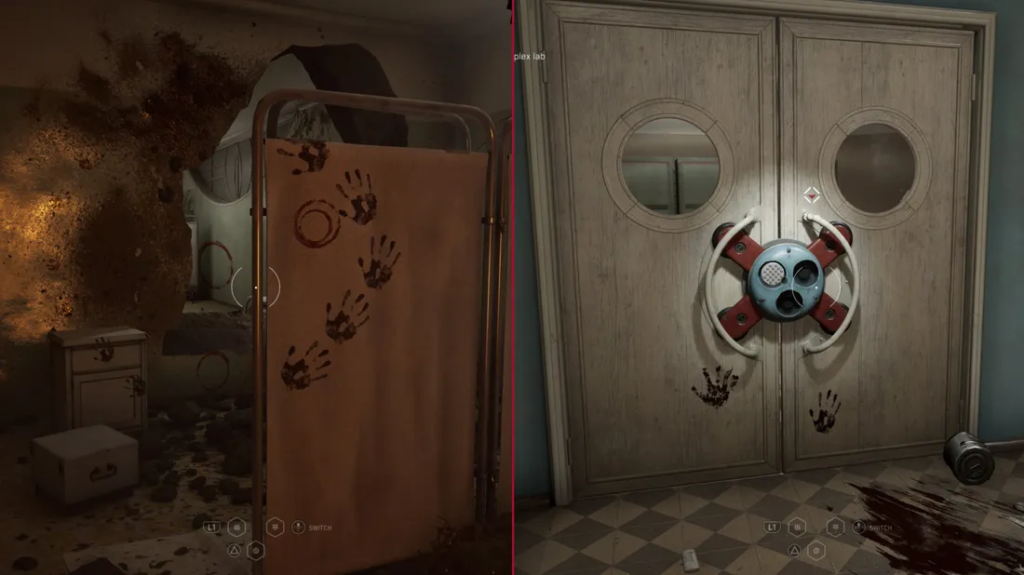 Blood handprints on hospital curtain and double doors