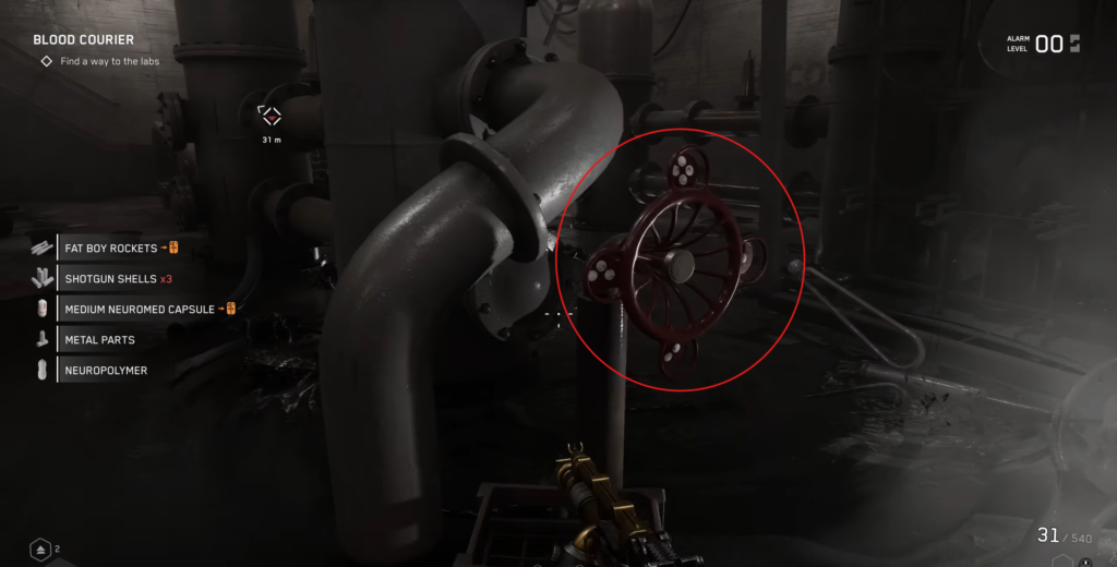 Atomic Heart player aims at red valve wheel in lab