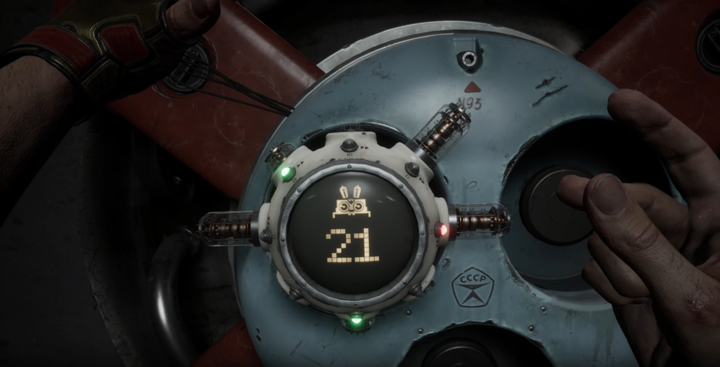 Hands holding blue device with digital 21 display