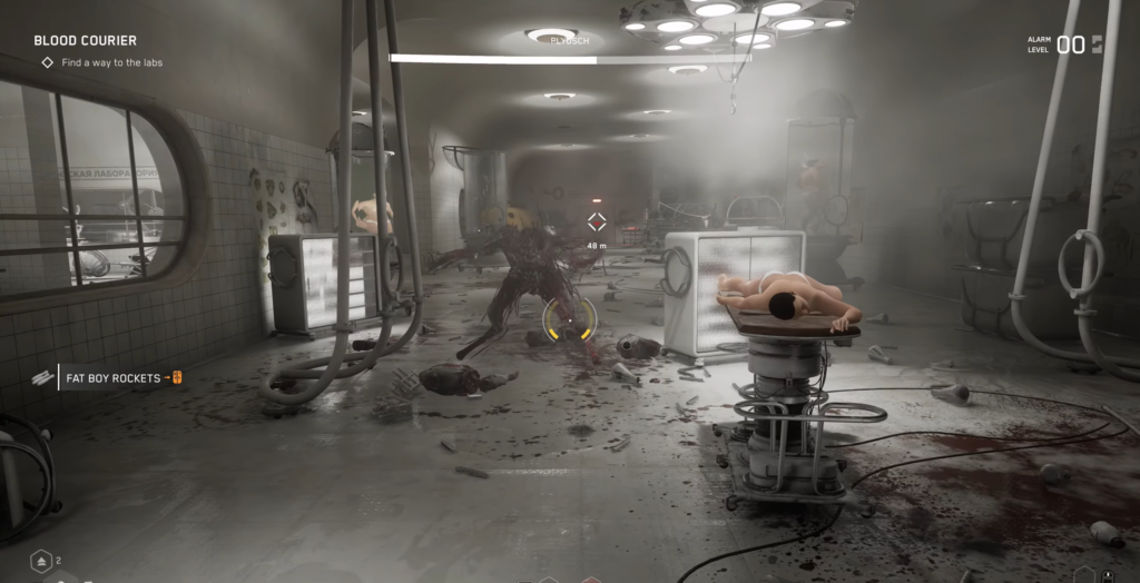 Atomic Heart combat in bloodstained laboratory room