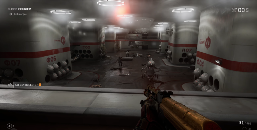 Atomic Heart player aims rifle at robots in facility