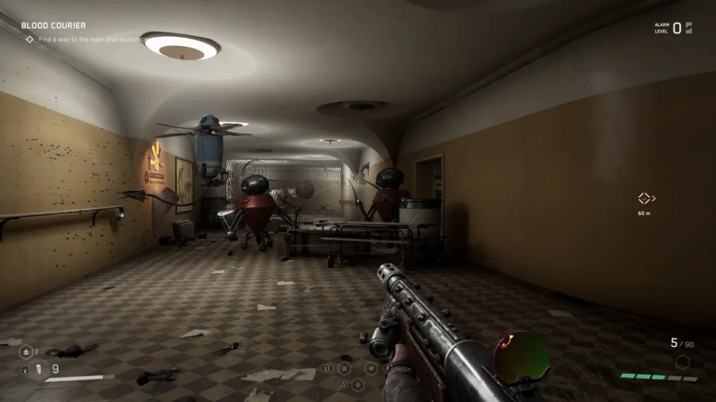 Player aims gun at robots in Atomic Heart corridor
