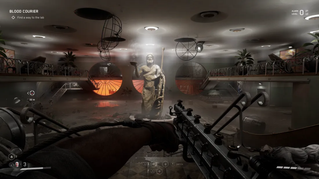 Player aims gun at statue in Atomic Heart lobby
