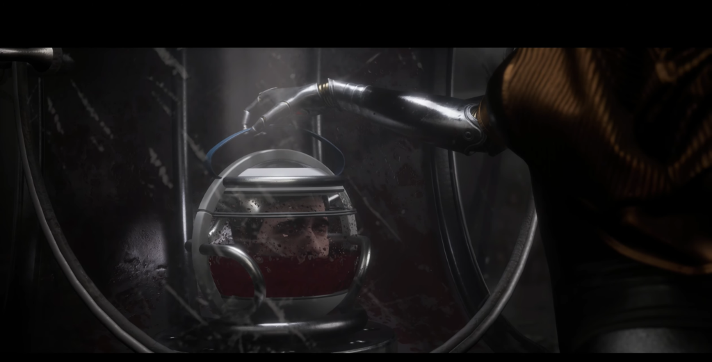 Armored figure holds helmeted head in dark chamber