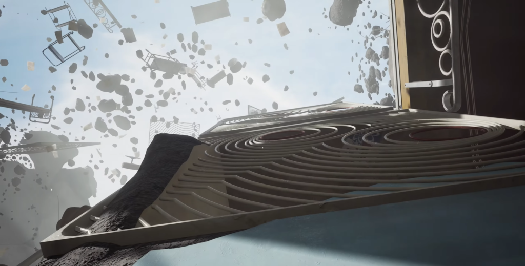 Air conditioner unit amid flying debris in sky