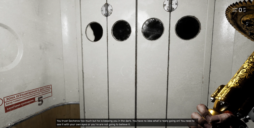 Holding gold weapon facing white metal door indoors