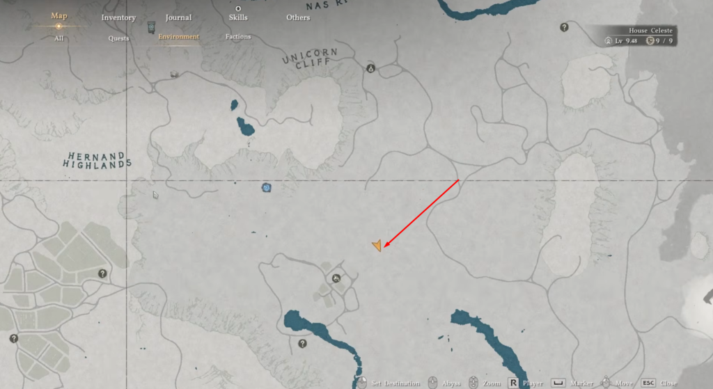 Game map with red arrow pointing location marker