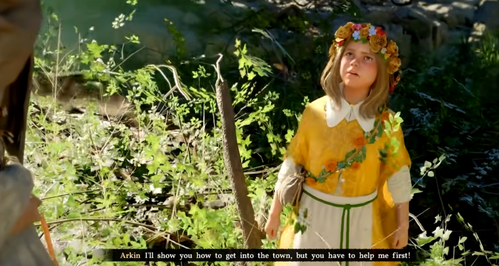 Girl in yellow dress looks up in forest