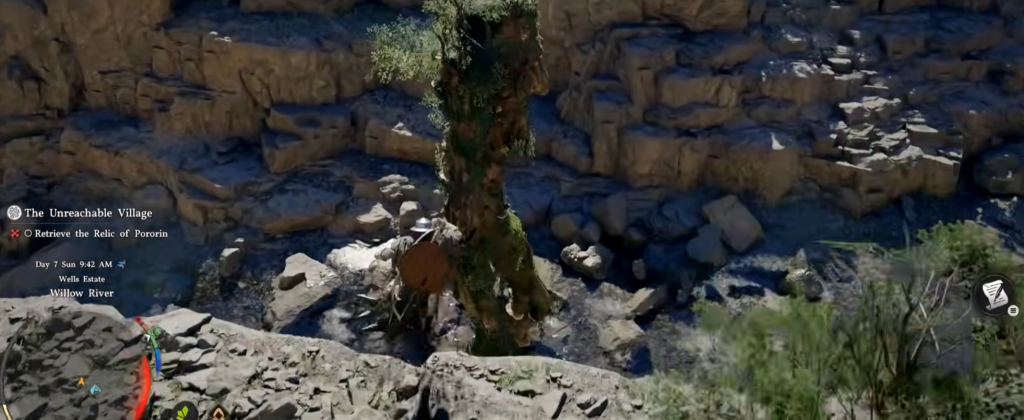 Player character climbs vine-covered tree in rocky canyon