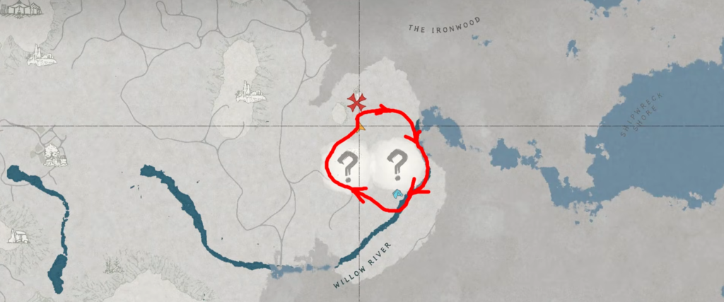 Red circled question marks on game world map