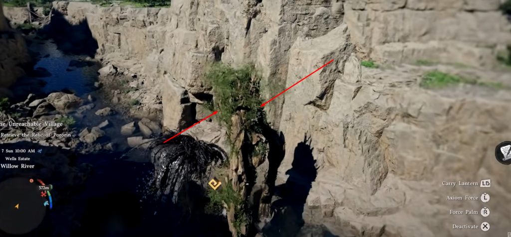 Waterfall flowing into rocky canyon riverbed