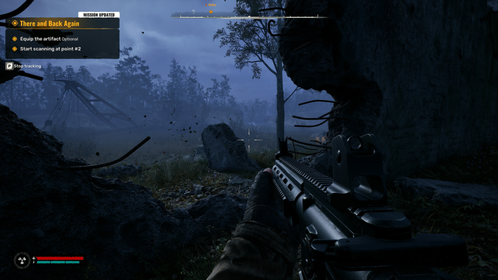 First-person aiming rifle in foggy forest ruins