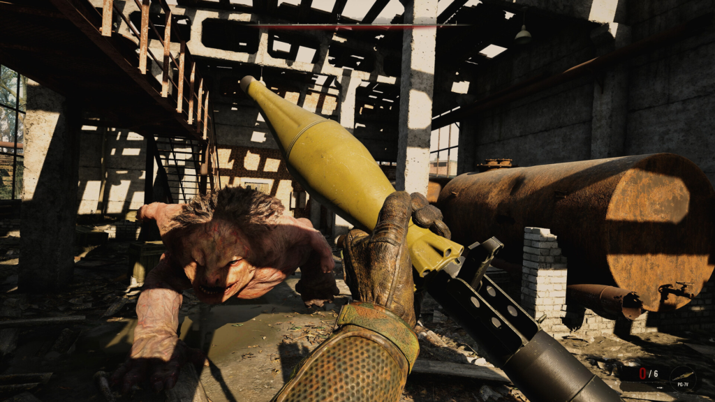 Holding yellow RPG aiming at mutant in ruined factory