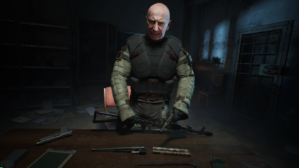 Bald man holds rifle at table in room