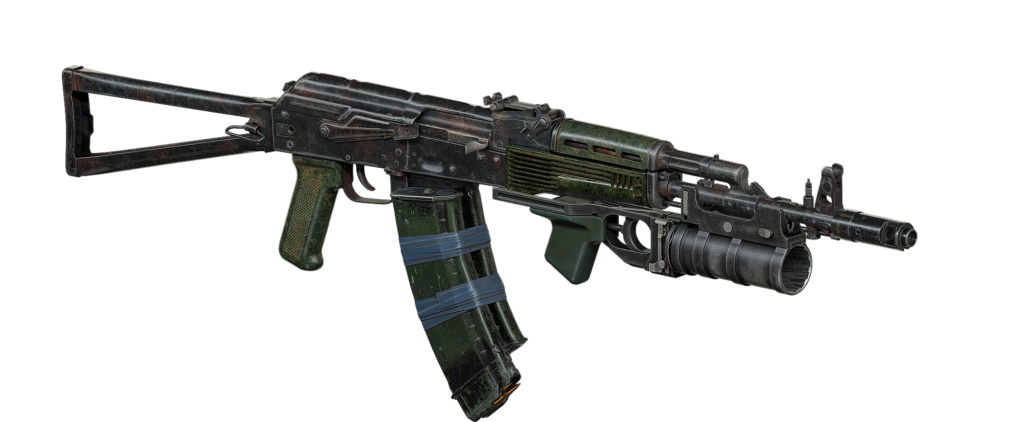 AK-style rifle with grenade launcher on black background