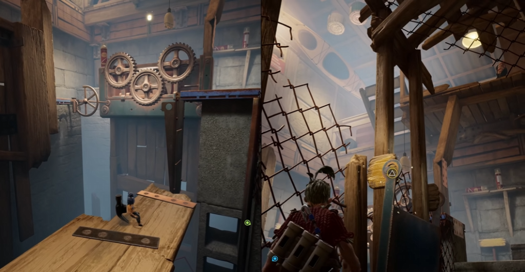 May and Cody navigate wooden platforms in It Takes Two