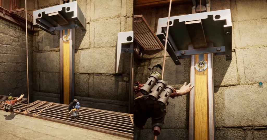 It Takes Two characters climbing wall in industrial area