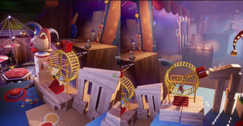 It Takes Two characters running on circus obstacle course