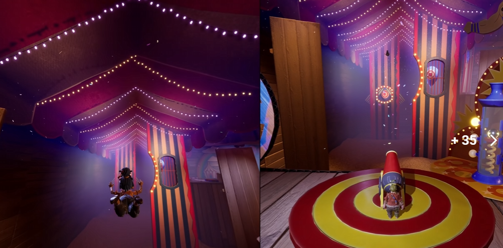 Toy character stands on bullseye in circus tent